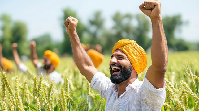 Happy farmer celebrating success in wheat field, wearing orange turban, surrounded by green crops under clear sky