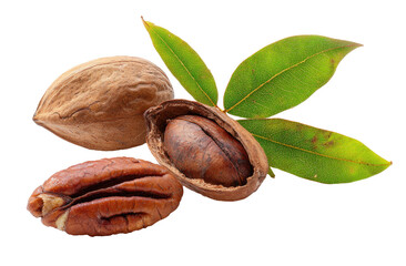 Pecan nuts with leaves. Three pecan nuts, two whole and one halved, are shown.  Green leaves are arranged around the nuts