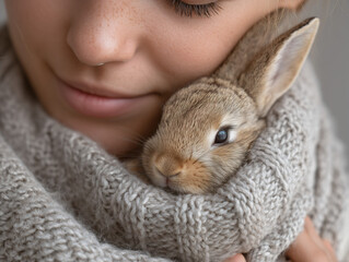 Naklejka premium Young woman with rabbit snuggling in woolen turtleneck sweater