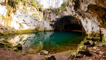 Cave lake reflecting trees