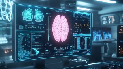 Futuristic laboratory showing brain scan on computer screen with charts and data analysis displayed on multiple monitors - Powered by Adobe