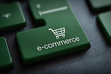 Close-up of a computer keyboard key labeled "e-commerce