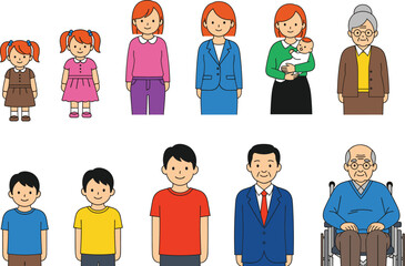 Happy family generation illustration showing children, parents, grandparents, and baby, multigenerational cartoon characters for parenting, education, and family concept