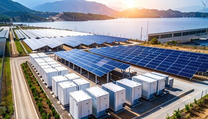 Aerial View of Off Grid Solar Panel Farm and Battery Storage Units Powering Remote Mining Operation