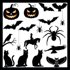 Fototapeta premium Vector vector art of collection of halloween symbols including pumpkins, bats, spiders, cats, owl, raven, and a horse rider transparent background
