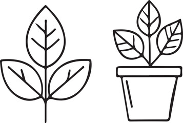 This image is a line art illustration featuring two plant icons. The first icon is a leafy stem with three leaves, and the second is a small plant growing in a pot.