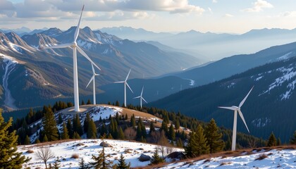 a serene landscape of snowy mountains and valleys, where numerous wind turbines dot the hilltops against the backdrop of a clear sky.