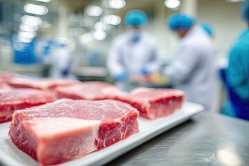 Fresh beef steaks on a tray in a food processing plant