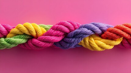 Awesome photo of multicolored ropes connected on a pink background, top-down view, illustrating cohesion.