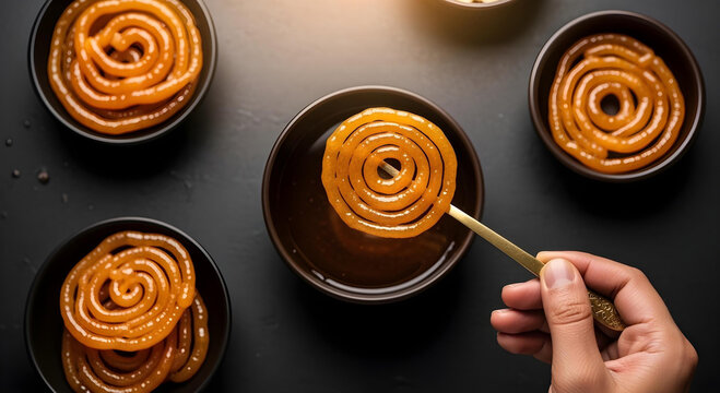 Hot jalebi being dipped into sugar syrup