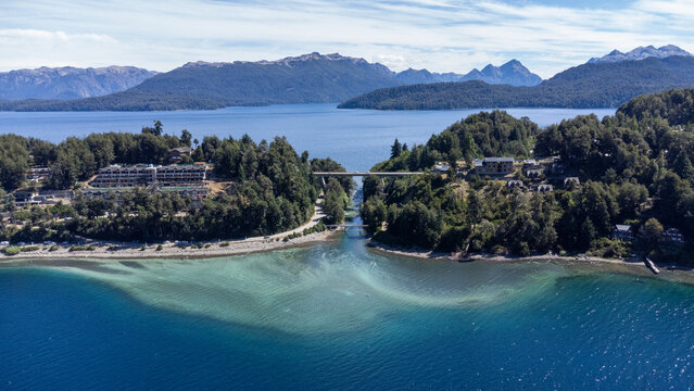 An aerial view of the Correntoso River, one of the world's shortest, flowing between two lakes near Villa La Angostura, Argentina. A unique Patagonian landmark