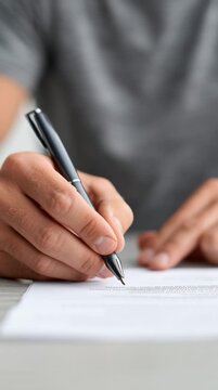 Close up of a businessman's hands meticulously signing a contract, signifying a significant agreement related to business, legal matters, mortgage, or other official documentation