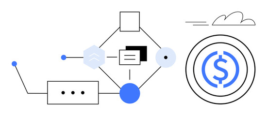 Abstract data flow network with geometric shapes, cloud, and dollar sign. Ideal for finance, technology, digital economy, innovation, workflow, automation simple flat metaphor