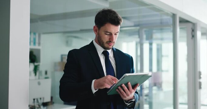 Business, tablet and man in office, connection and financial agency with online reading. Person, investor and employee in workplace, funding audit or email for trading, stock market and profit growth