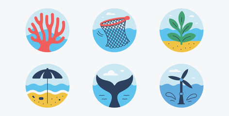 Sustainable Coastal Environment Icons Representing Ocean Life and Renewable Energy Sources for Environmental Conservation and Awareness Campaigns Promoting Clean Oceans