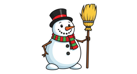 Cute Cartoon Snowman Wearing Top Hat and Scarf, Holding Broom.