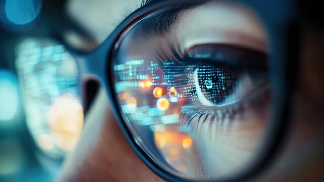 A close-up view of a person's eye looking out from behind a pair of glasses, suitable for use in images about vision, eyewear, or human expression