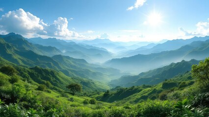 A scenic view of lush green mountains under a bright blue sky with scattered white clouds and sunlight