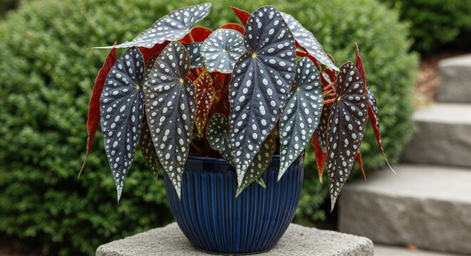 Striking Begonia plant with dark, silver-spotted leaves and red undersides in a ribbed blue pot, ideal for home decor