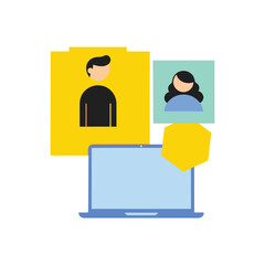 Flat vector illustration of online communication with laptop and user profiles.