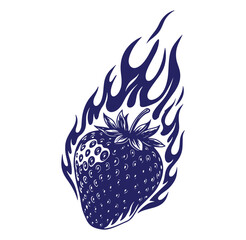 Bold graphic illustration of a burning strawberry fruit with detailed stylized flames around