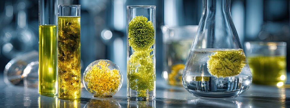 Laboratory glassware with vibrant yellow and green solutions - Powered by Adobe