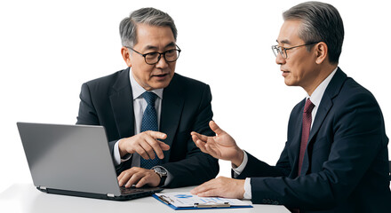 Fototapeta premium Two Businessmen Discussing Business Strategy Over Laptop