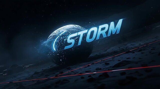 Futuristic storm logo animation on an alien planet background, with blue glowing effects and red
