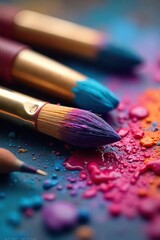 Fototapeta premium Close-up of paintbrushes and a palette, vibrant colors swirling, evoking a feeling of passionate artistic creation and the love of the creative process , creative process, design