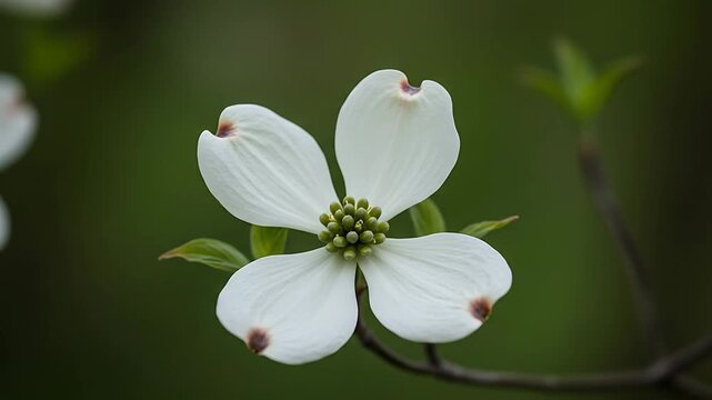 Gentle breeze rustles the petals of a blooming dogwood flower, creating a serene and calming