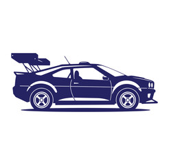 Fototapeta premium Elegant dark blue sports car silhouette design with large rear spoiler on white background