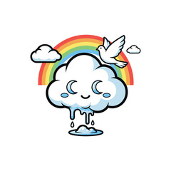 Happy Crying Cloud Character with Rainbow and Peace Dove.