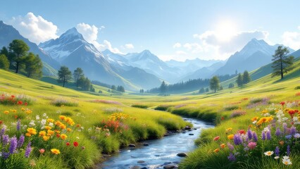 A vibrant meadow with a flowing stream and majestic mountains under a bright sunny sky landscape