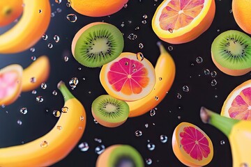 Vibrant slices of banana, kiwi, and blood orange float amidst water droplets against a dark background, creating a dynamic and appetizing composition