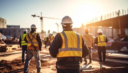 Construction team with hard hats at sunny building site