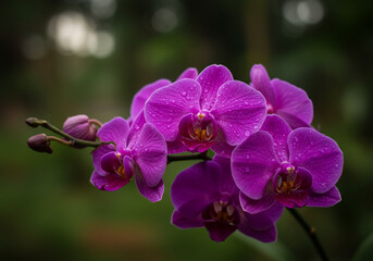 Obraz premium A vibrant cluster of purple orchids with water droplets adorns a stem with unopened buds, set against a soft, blurred green background.