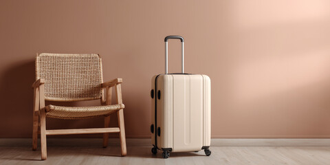 Beige Suitcase with Wooden Chair in Minimal Interior