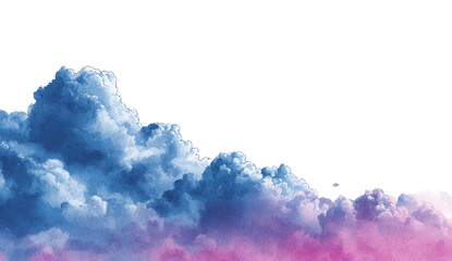 A dramatic, stylized cloud formation.  Soft, vibrant hues of pink and blue clouds against a black background