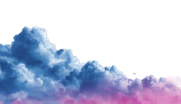A dramatic, stylized cloud formation.  Soft, vibrant hues of pink and blue clouds against a black background
