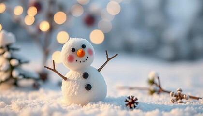 Miniature snowman with carrot nose in snowy scene, whimsical winter decor, holiday, decoration