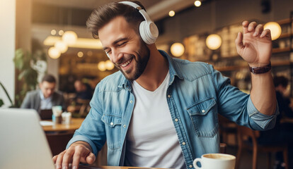 Portrait of handsome happy guy, freelancer working and listening to music in wireless headphones, dancing on his chair in cafe, enjoying favourite song in earphones