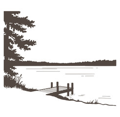 Silhouette illustration of a serene lake scene with a wooden dock and tree outline