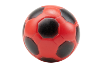 A red soccer ball with black panels