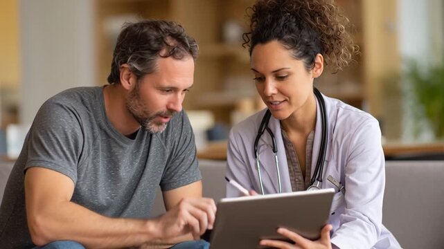 Parent Checking Medication Schedule on Tablet While Talking to Doctor on Speaker