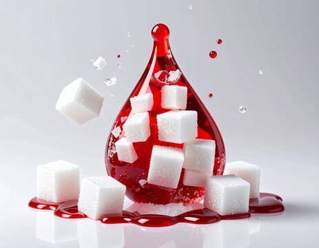 Sugar Cubes and Red Liquid Splash Representing Diabetes and Health Risks.