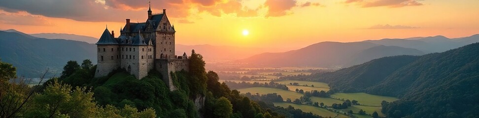 Fototapeta premium Majestic Castle at Sunset Ancient Stone Fortress Perched on a Verdant Hilltop Overlooking a Golden Valley, Evoking Timeless Grandeur and Serene Beauty