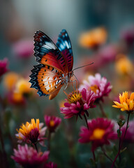 Obraz premium Colorful Butterfly on Wildflower with Soft Bokeh Background