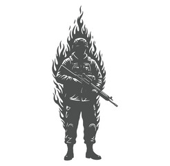 Fototapeta premium Silhouette of a soldier surrounded by flames representing courage and resilience