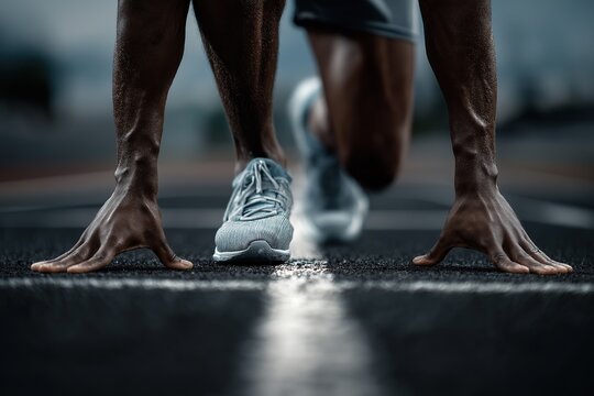 Athlete crouched in starting blocks on track field, hands grounded at shoulder level against black running surface. Sprint competition scene. - Powered by Adobe