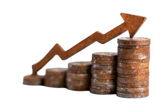 Rusty coins stacked in rising graph